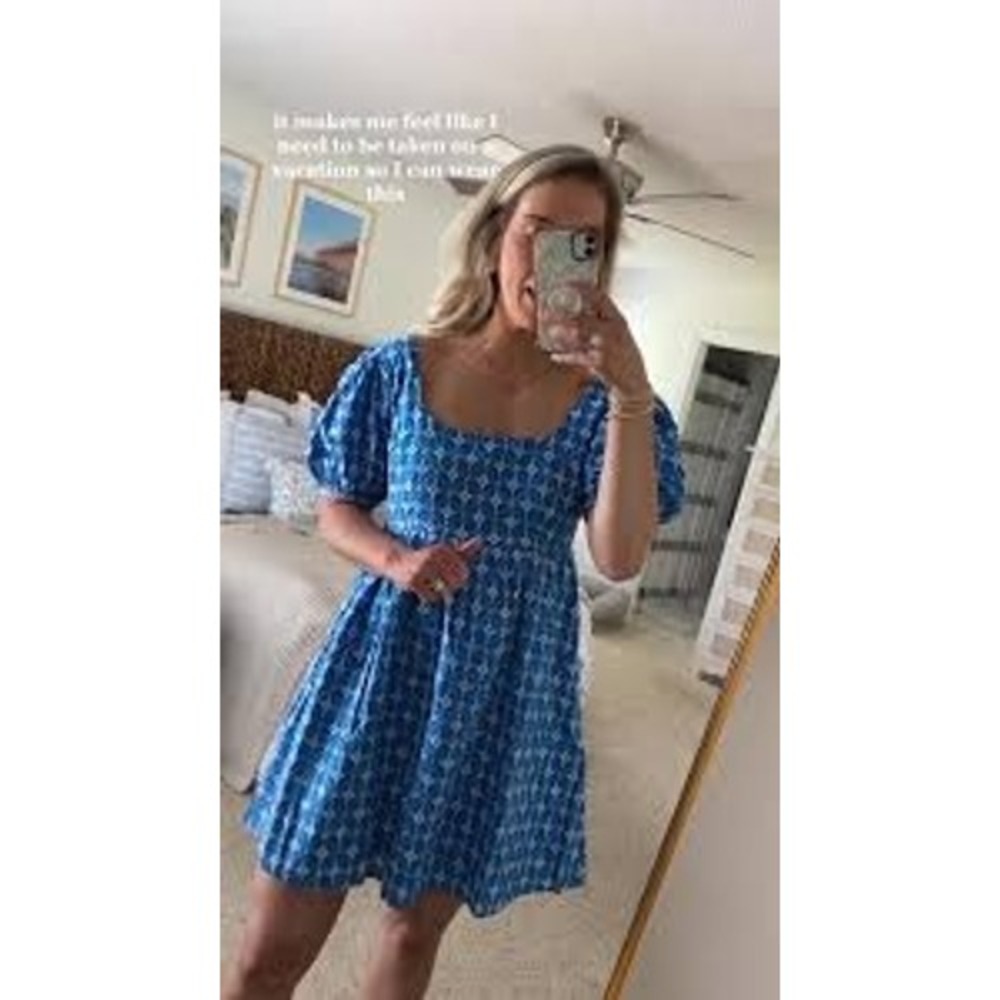 Rhode x Target Size M Blue Embroidered Mini Dress Puff Sleeve Cotton Vacation - Picture 7 of 7